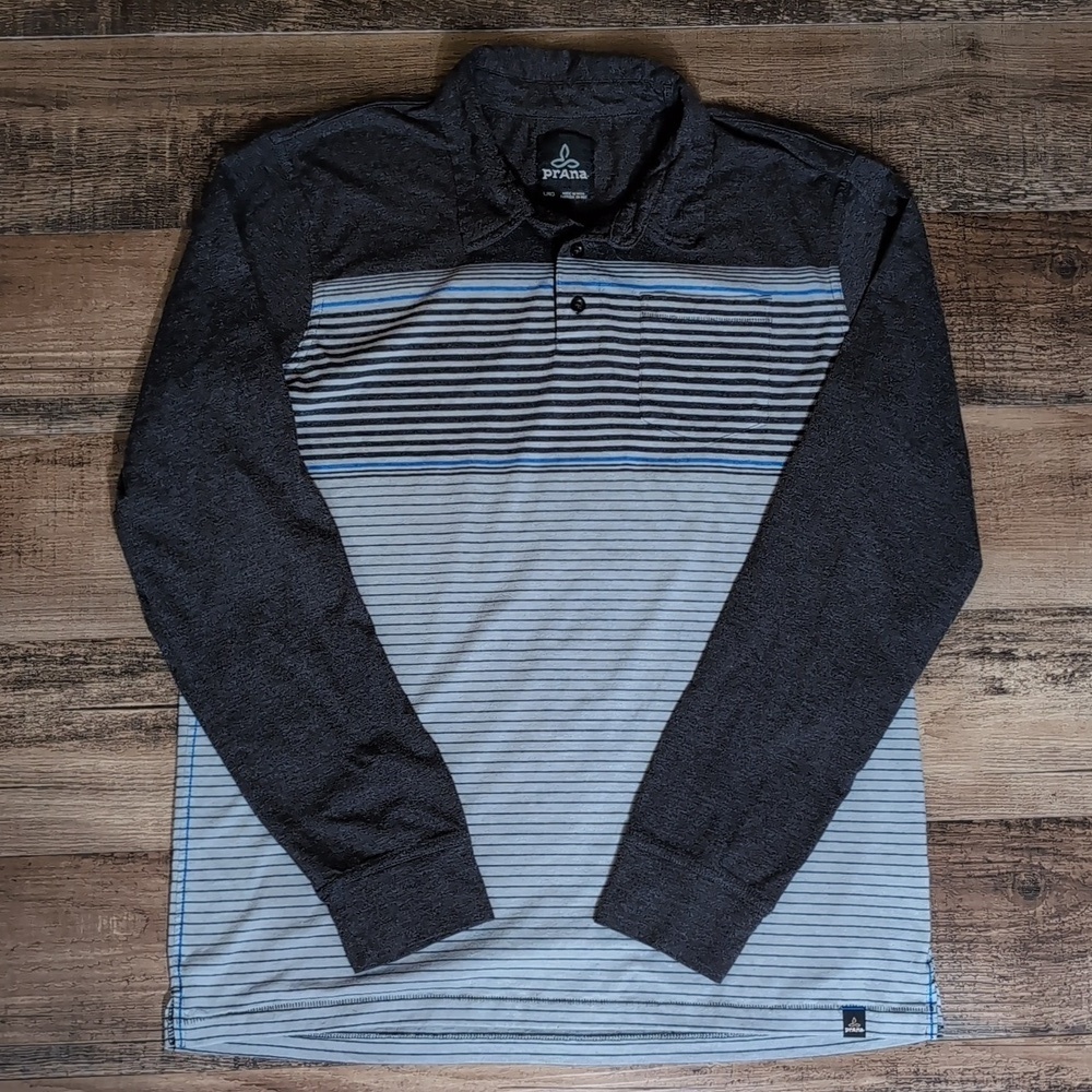 prAna Marco Polo Long Sleeve Shirt Striped Charcoal Gray Chest Pocket Size LRG